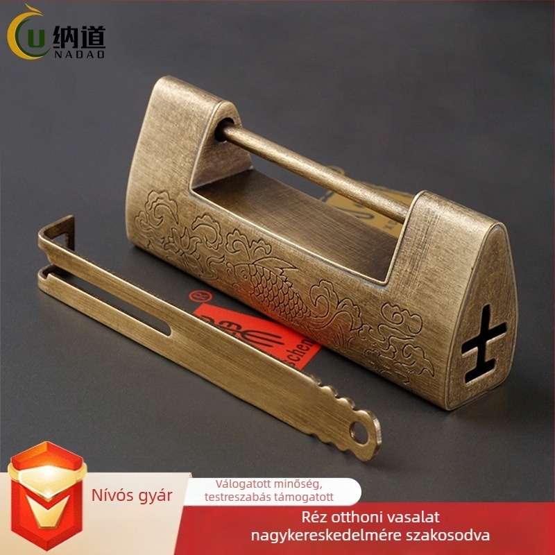 Auspicious Fish Lock — Kínai stílusú antik réz keresztzár gravírozott díszítéssel, fa dobozokhoz