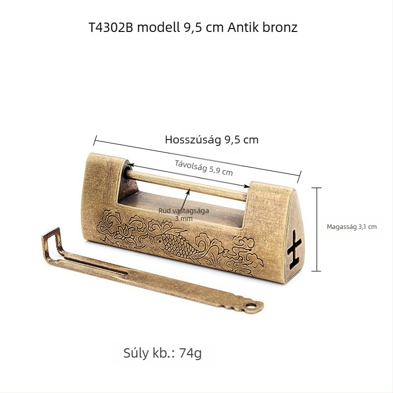 Auspicious Fish Lock — Kínai stílusú antik réz keresztzár gravírozott díszítéssel, fa dobozokhoz