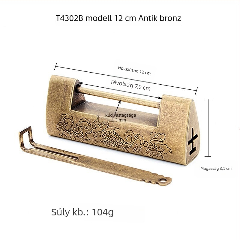 Auspicious Fish Lock — Kínai stílusú antik réz keresztzár gravírozott díszítéssel, fa dobozokhoz