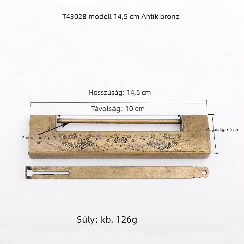 Auspicious Fish Lock — Kínai stílusú antik réz keresztzár gravírozott díszítéssel, fa dobozokhoz