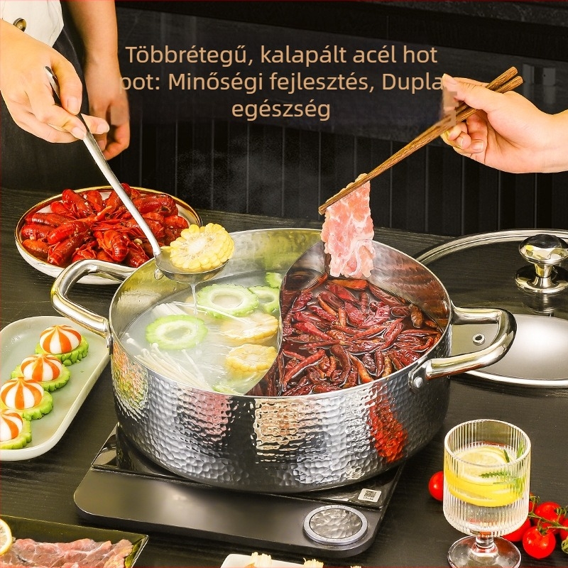 Kétkamrás forró fazék rozsdamentes acélból (304), nagy kapacitású, 2,1–4 L, vastag falú edény hot pothoz és leveshez