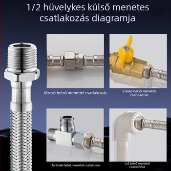 4 hüvelykes belső- és külső menetű rugalmas tömlő hosszabbító, rozsdamentes acél szövött tömlőtesttel, meleg- és hideg víz bemeneti csővel, rozsdamentes acél hullámcsővel