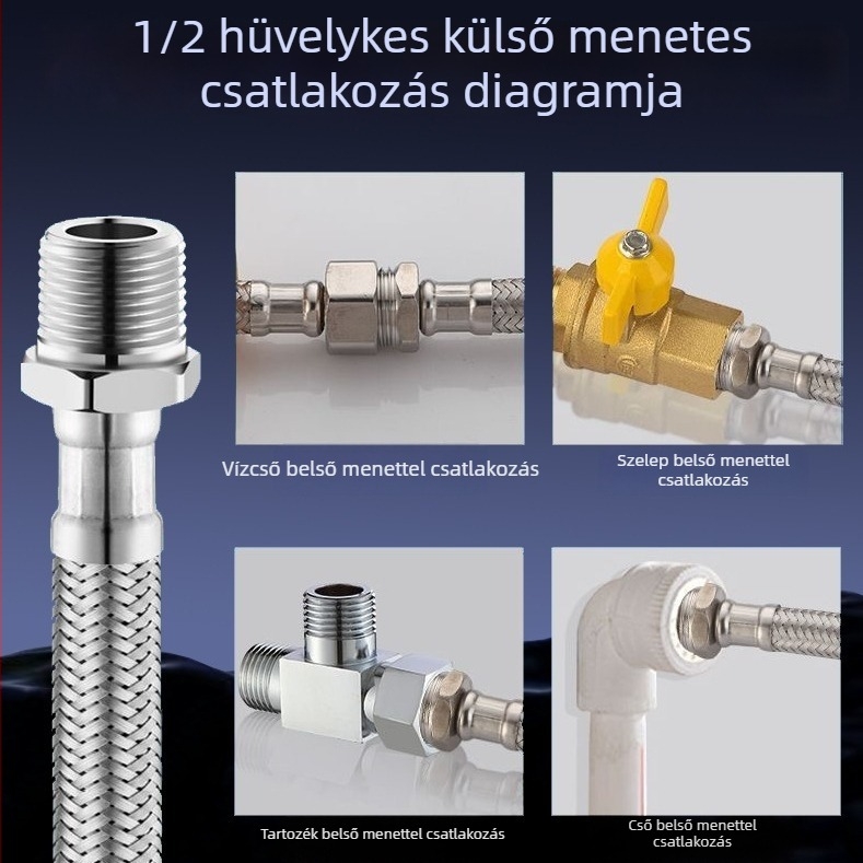 4 hüvelykes belső- és külső menetű rugalmas tömlő hosszabbító, rozsdamentes acél szövött tömlőtesttel, meleg- és hideg víz bemeneti csővel, rozsdamentes acél hullámcsővel