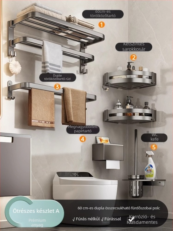 Fúrás nélküli falra szerelhető törölközőtartó készlet, gunmetal színben, alumínium, modern minimalista stílus, 6 részes vagy nagyobb