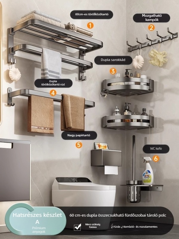 Fúrás nélküli falra szerelhető törölközőtartó készlet, gunmetal színben, alumínium, modern minimalista stílus, 6 részes vagy nagyobb