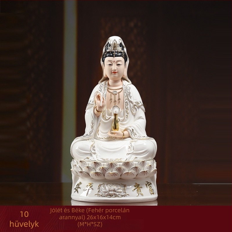 Mosolygó Guanyin Bodhisattva szobra, lótuszra ülő, porcelánból készült otthoni dekoráció