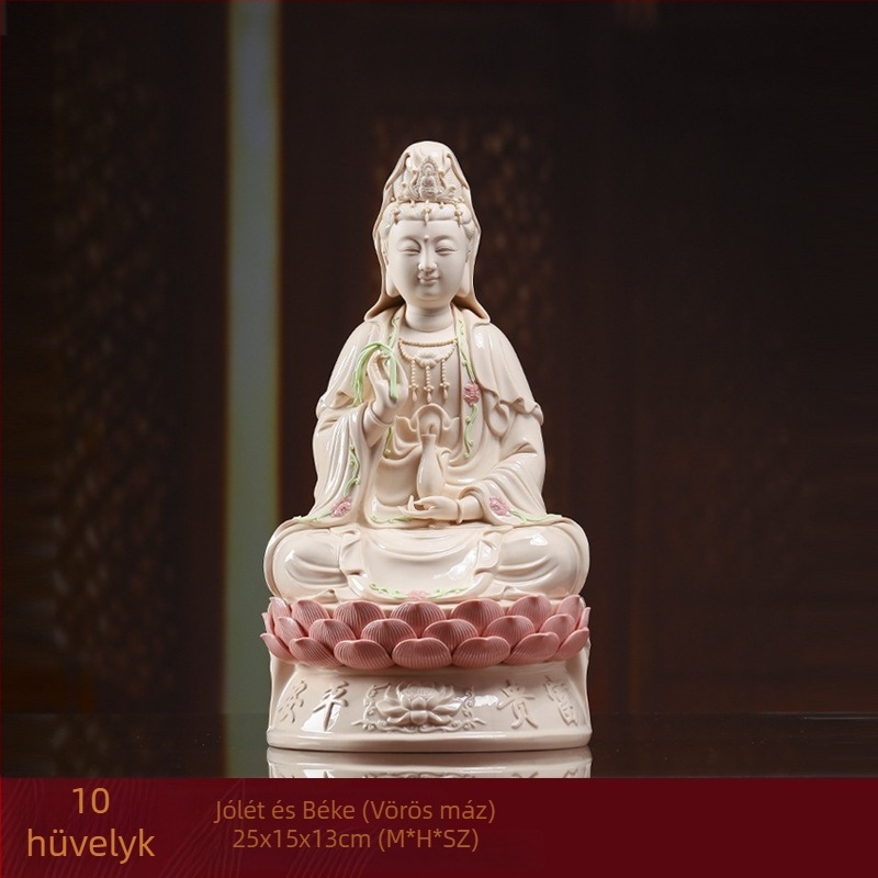 Mosolygó Guanyin Bodhisattva szobra, lótuszra ülő, porcelánból készült otthoni dekoráció