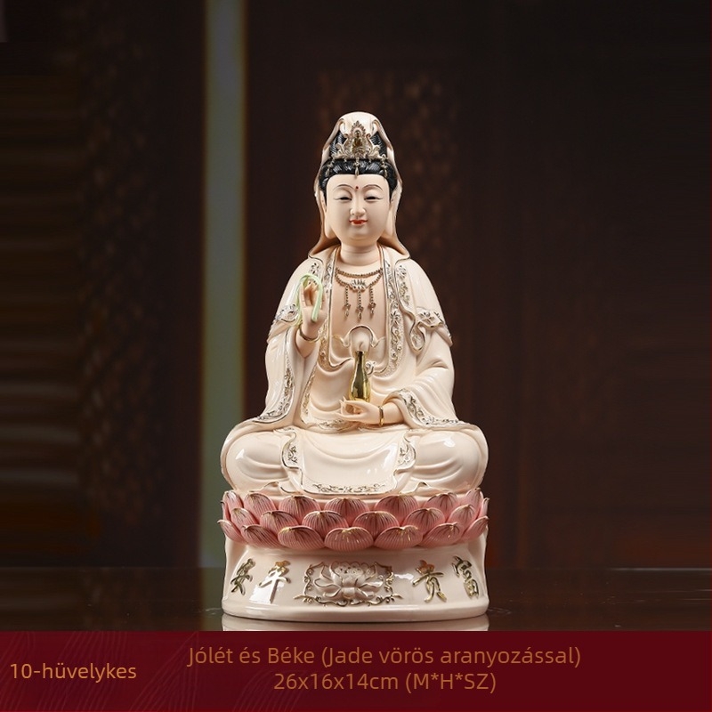 Mosolygó Guanyin Bodhisattva szobra, lótuszra ülő, porcelánból készült otthoni dekoráció