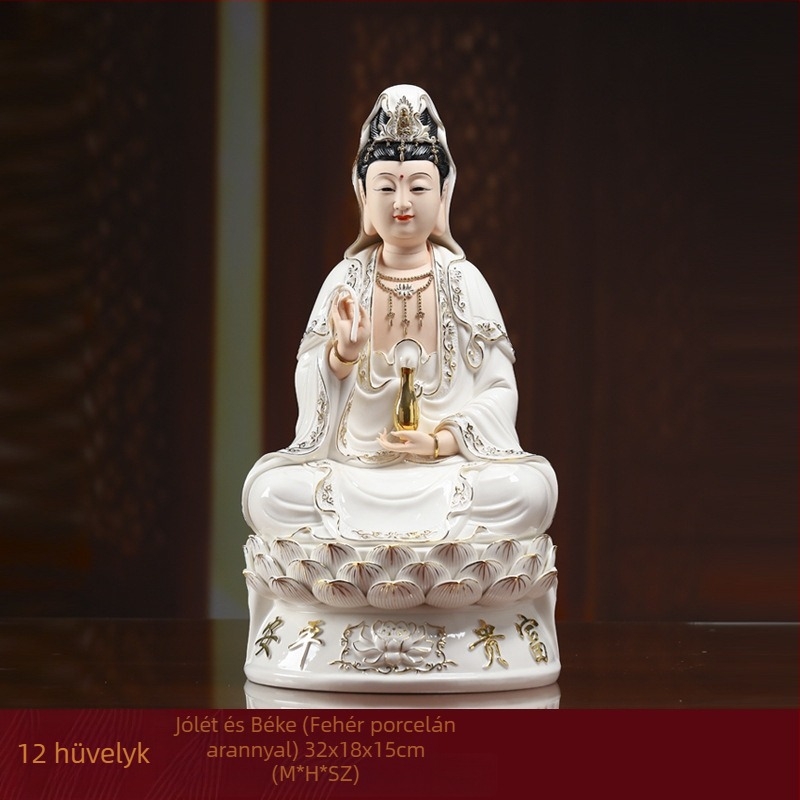 Mosolygó Guanyin Bodhisattva szobra, lótuszra ülő, porcelánból készült otthoni dekoráció