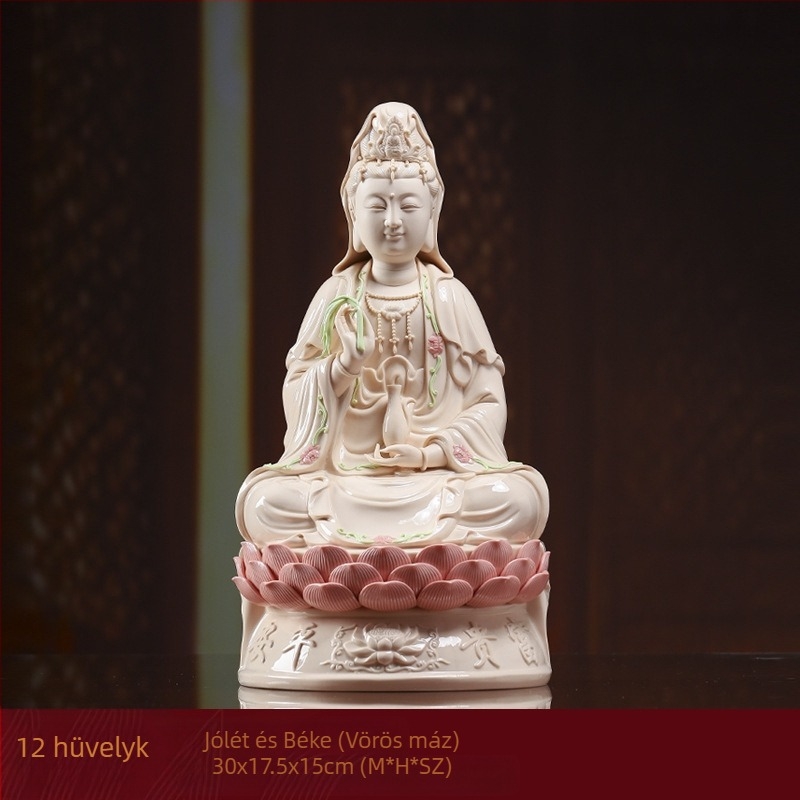Mosolygó Guanyin Bodhisattva szobra, lótuszra ülő, porcelánból készült otthoni dekoráció