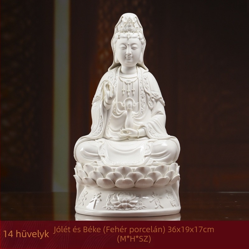 Mosolygó Guanyin Bodhisattva szobra, lótuszra ülő, porcelánból készült otthoni dekoráció