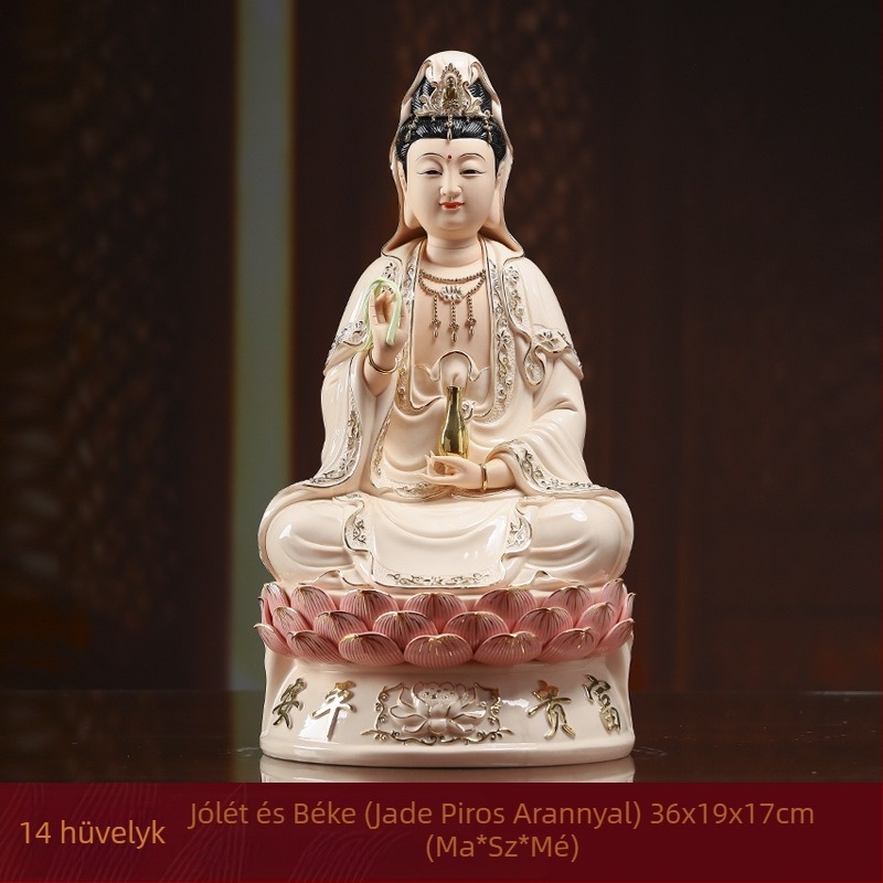 Mosolygó Guanyin Bodhisattva szobra, lótuszra ülő, porcelánból készült otthoni dekoráció