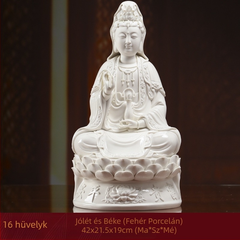 Mosolygó Guanyin Bodhisattva szobra, lótuszra ülő, porcelánból készült otthoni dekoráció