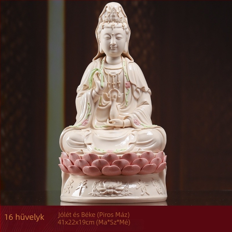 Mosolygó Guanyin Bodhisattva szobra, lótuszra ülő, porcelánból készült otthoni dekoráció