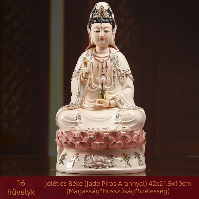 Mosolygó Guanyin Bodhisattva szobra, lótuszra ülő, porcelánból készült otthoni dekoráció