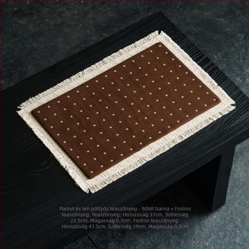 Hímzett pamut-lin tea mat kínai stílusban, fodros szél és pöttyös minta, teafőasztalra illő asztalterítő és teáskészlet-kiegészítők, elegáns tea-szoba