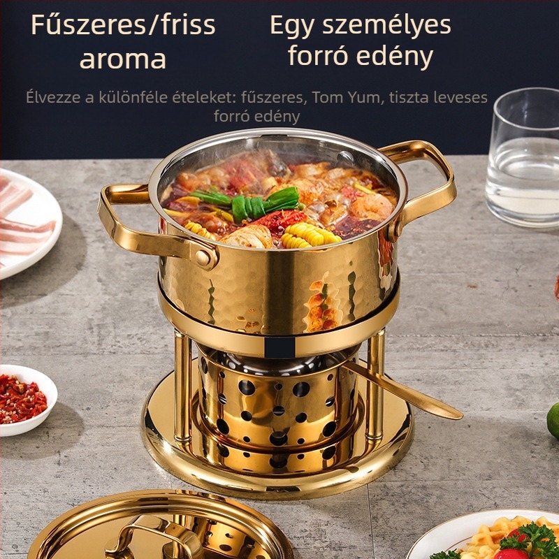 Kereskedelmi minőségű 304-es rozsdamentes acél egyszemélyes mini forró fazék környezetbarát olaj- és alkoholtüzelésű főzővel otthoni használatra — személyenként egy fazék, önkiszolgálás.