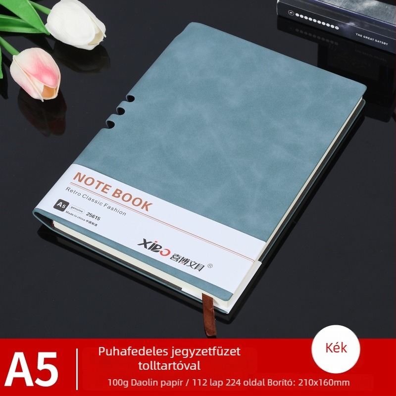 Prémium irodai notesz A5-ös méretben, báránybőr borító, drótkötés, 80 g papír, 50–100 oldal, egyszerű dizájn, mindennapi használatra, feljegyzések és tanulás, logó nyomtatás elérhető