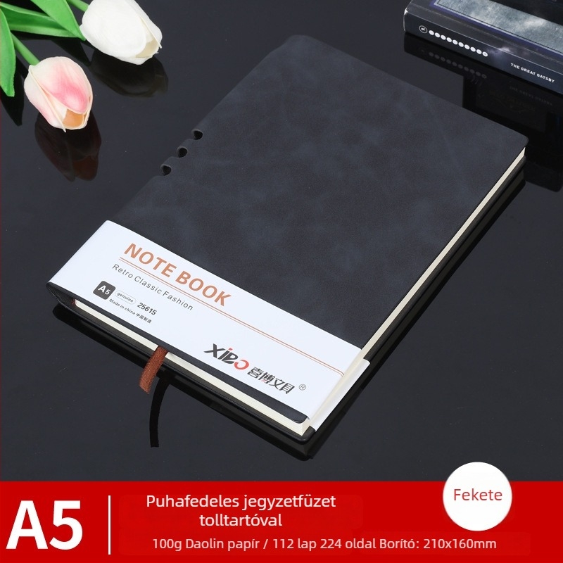 Prémium irodai notesz A5-ös méretben, báránybőr borító, drótkötés, 80 g papír, 50–100 oldal, egyszerű dizájn, mindennapi használatra, feljegyzések és tanulás, logó nyomtatás elérhető