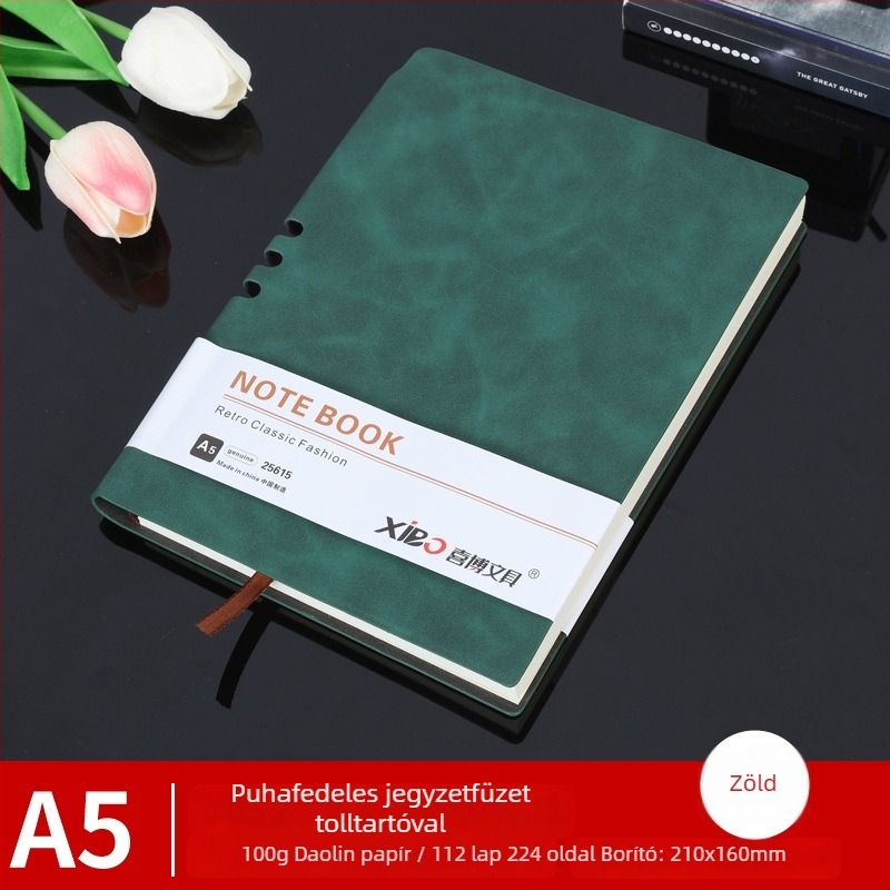 Prémium irodai notesz A5-ös méretben, báránybőr borító, drótkötés, 80 g papír, 50–100 oldal, egyszerű dizájn, mindennapi használatra, feljegyzések és tanulás, logó nyomtatás elérhető