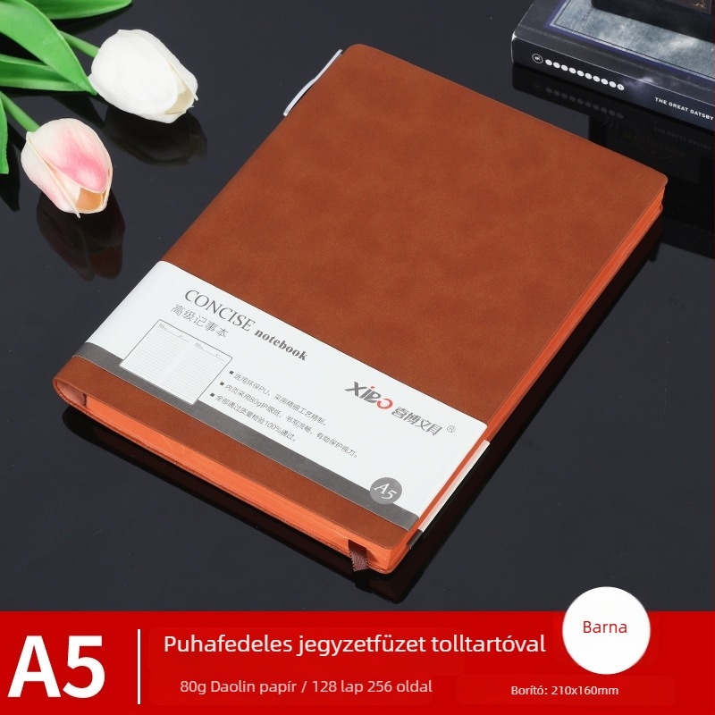 Prémium irodai notesz A5-ös méretben, báránybőr borító, drótkötés, 80 g papír, 50–100 oldal, egyszerű dizájn, mindennapi használatra, feljegyzések és tanulás, logó nyomtatás elérhető