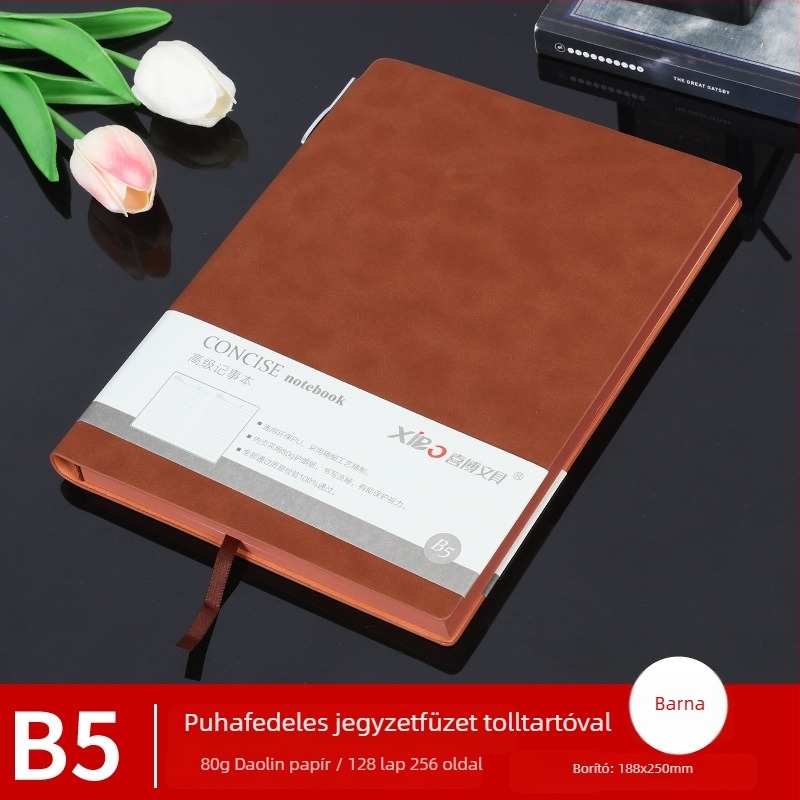Prémium irodai notesz A5-ös méretben, báránybőr borító, drótkötés, 80 g papír, 50–100 oldal, egyszerű dizájn, mindennapi használatra, feljegyzések és tanulás, logó nyomtatás elérhető