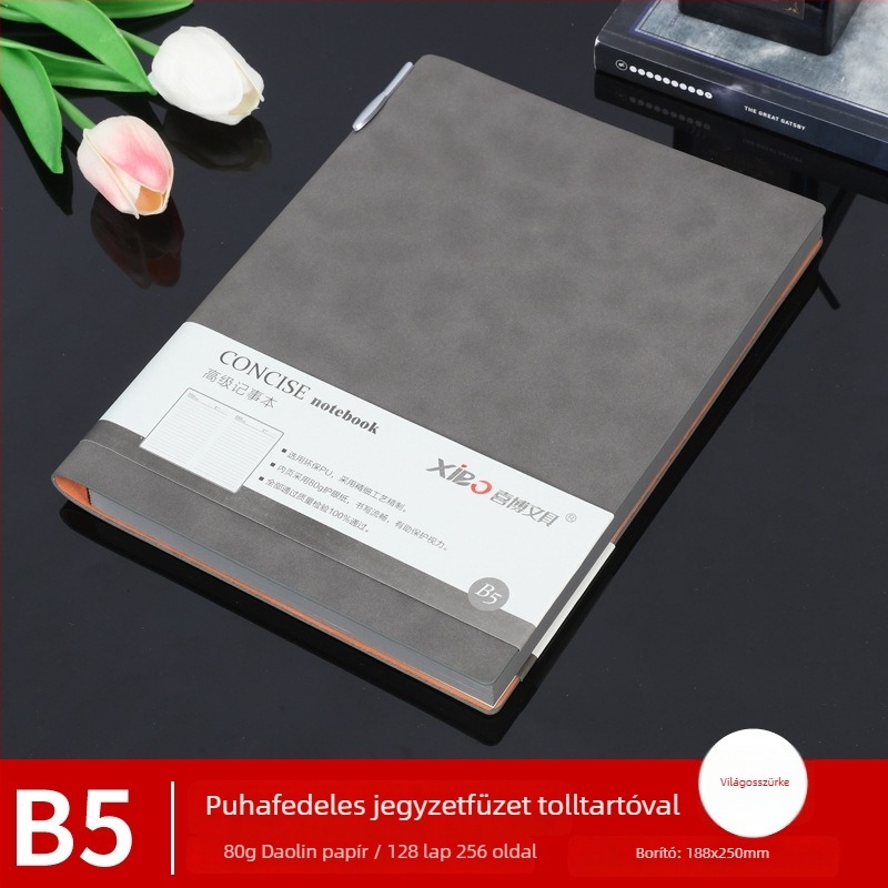 Prémium irodai notesz A5-ös méretben, báránybőr borító, drótkötés, 80 g papír, 50–100 oldal, egyszerű dizájn, mindennapi használatra, feljegyzések és tanulás, logó nyomtatás elérhető