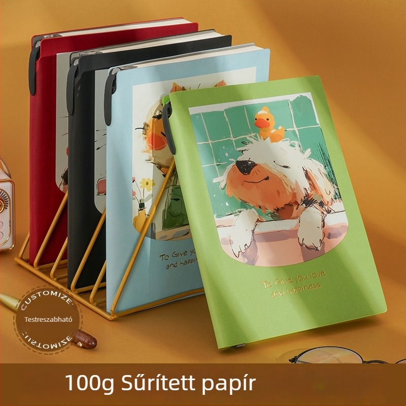 Színes karikatúra illusztrációval jegyzetfüzet, vastag, puha műbőr hatású borítóval, oldalai vízszintes vonalakkal