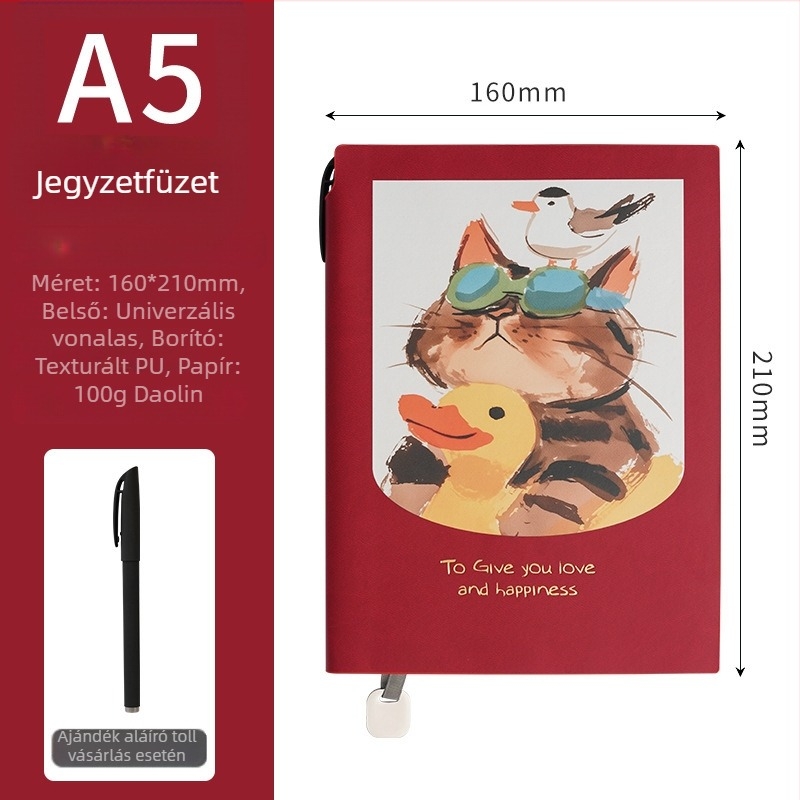 Színes karikatúra illusztrációval jegyzetfüzet, vastag, puha műbőr hatású borítóval, oldalai vízszintes vonalakkal