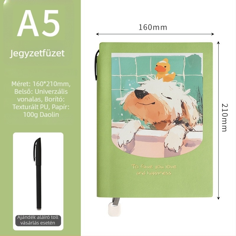 Színes karikatúra illusztrációval jegyzetfüzet, vastag, puha műbőr hatású borítóval, oldalai vízszintes vonalakkal