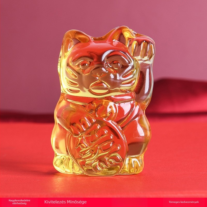 Üveg macskafigura japán stílusban, maneki-neko jellegű, kreatív és aranyos ajándék otthoni dekorációhoz, sárga citrin kristály