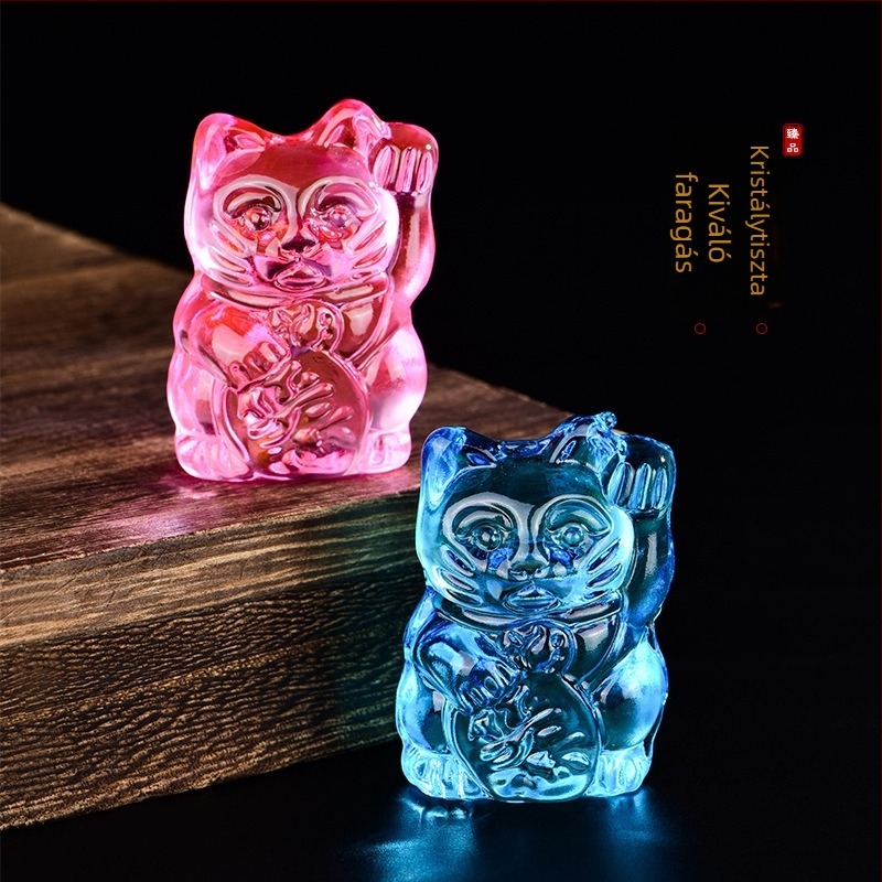 Üveg macskafigura japán stílusban, maneki-neko jellegű, kreatív és aranyos ajándék otthoni dekorációhoz, sárga citrin kristály