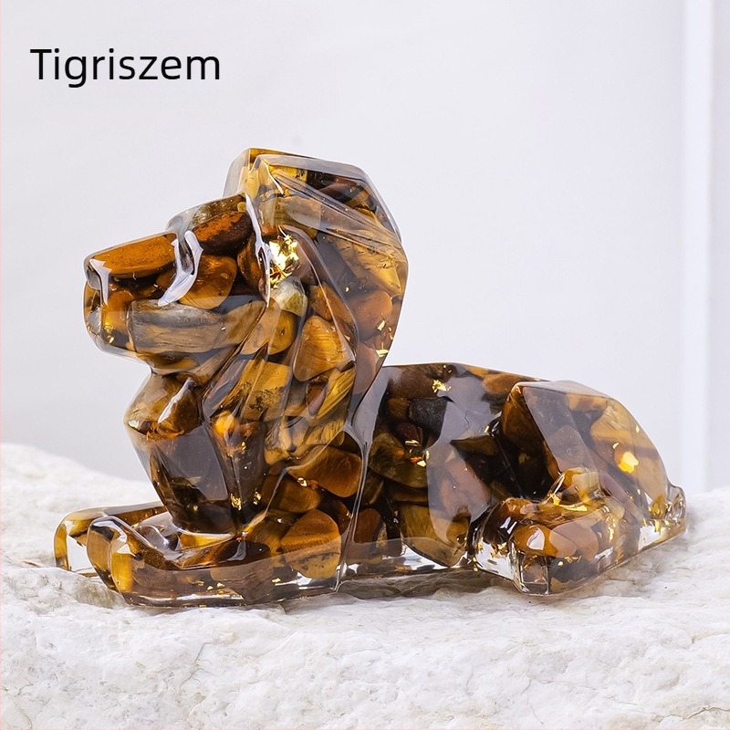 Természetes kristályból készült háromdimenziós geometriás oroszlán epoxigyanta bevonattal – asztali dekoráció