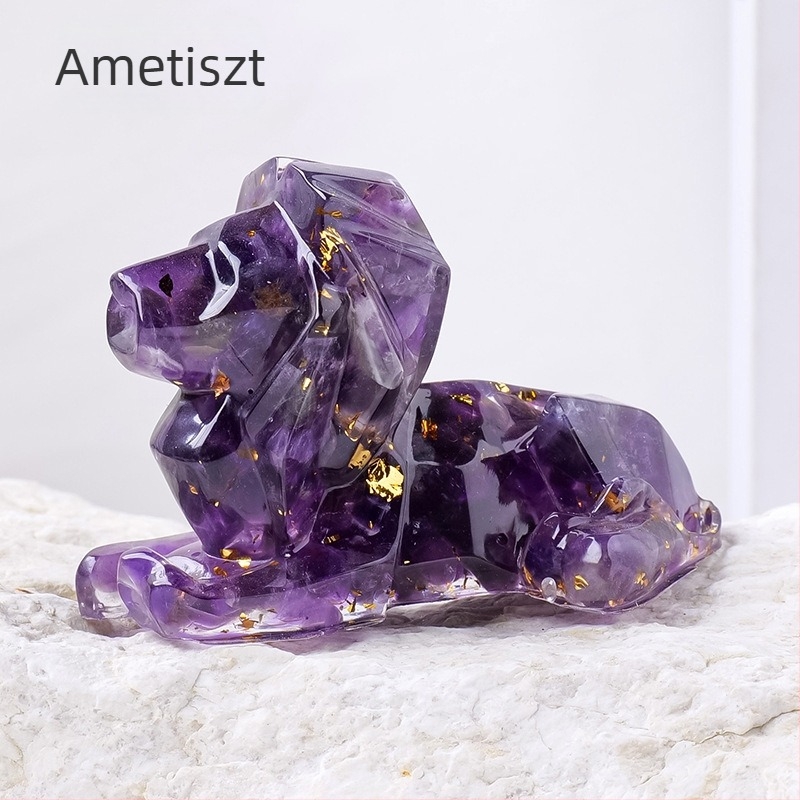 Természetes kristályból készült háromdimenziós geometriás oroszlán epoxigyanta bevonattal – asztali dekoráció