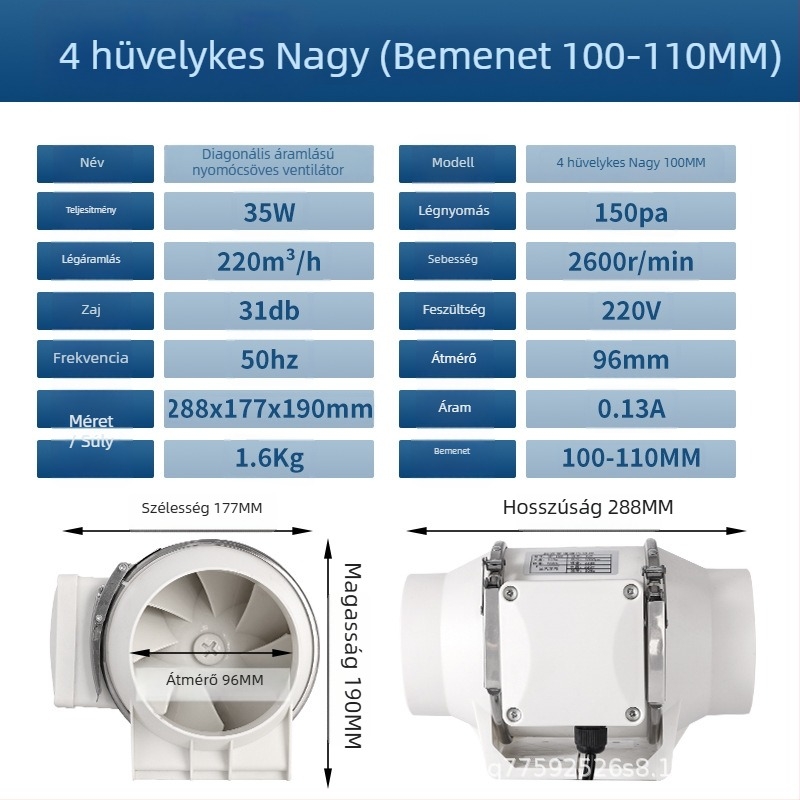 Konyha és mosdó csatornás ventilátor — csendes, nagy teljesítményű kivezető ventilátor ipari szellőztetéshez