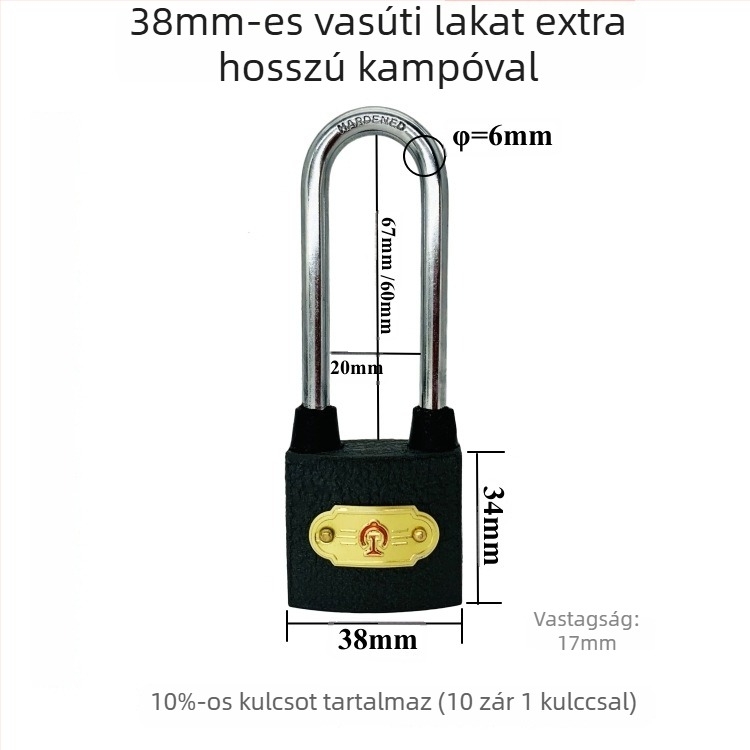 Xintianer vasúti lakat 38 mm, acél biztonsági zár univerzális kulccsal, modell XTE-TLS38mm