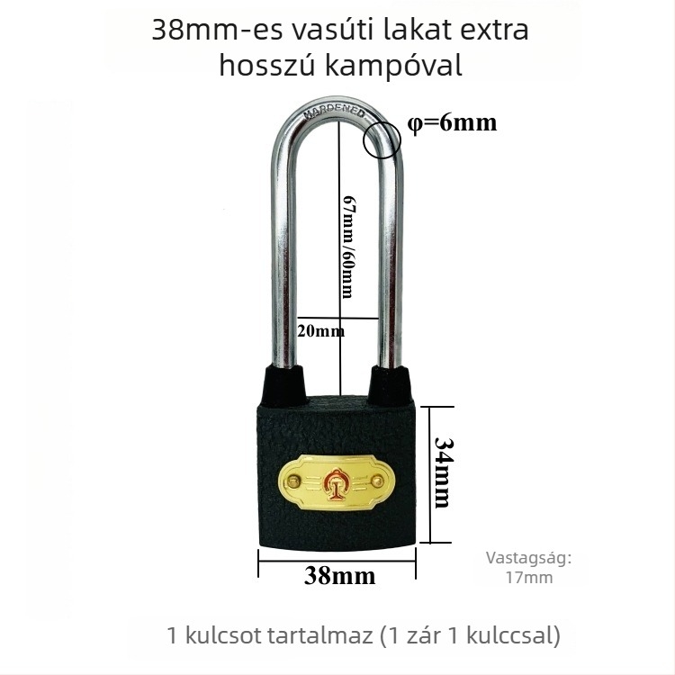 Xintianer vasúti lakat 38 mm, acél biztonsági zár univerzális kulccsal, modell XTE-TLS38mm