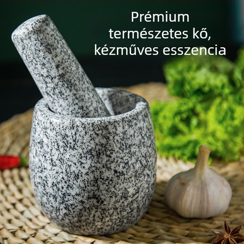 Granitból készített fokhagymaprés és mozsár, konyhai készlet