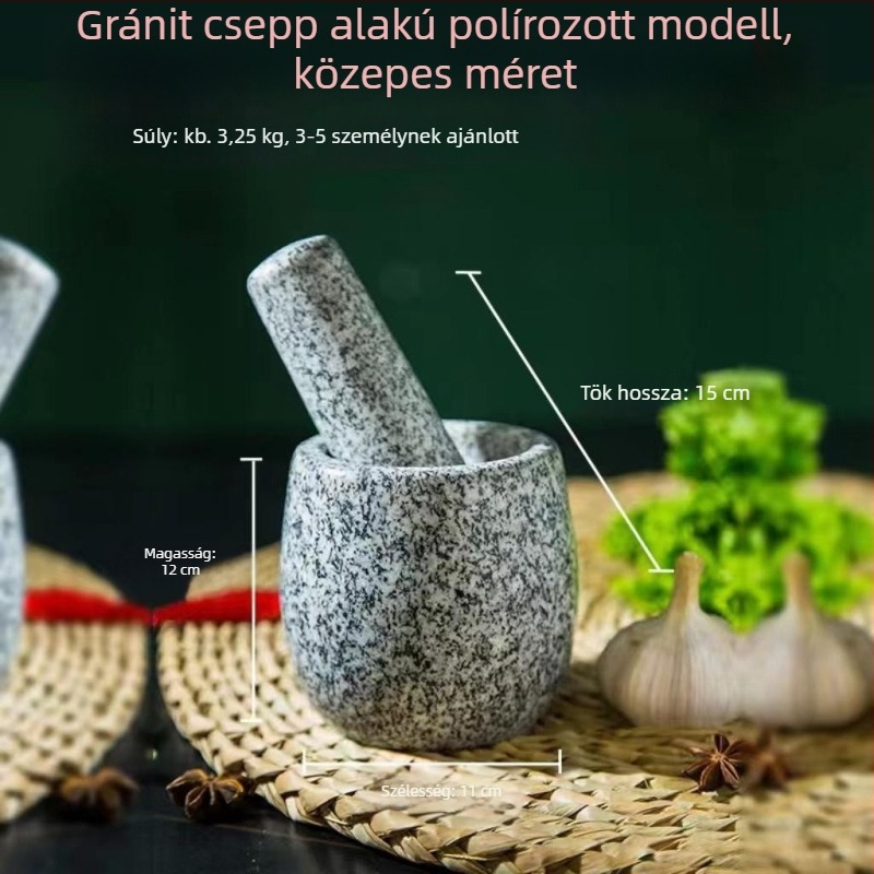 Granitból készített fokhagymaprés és mozsár, konyhai készlet