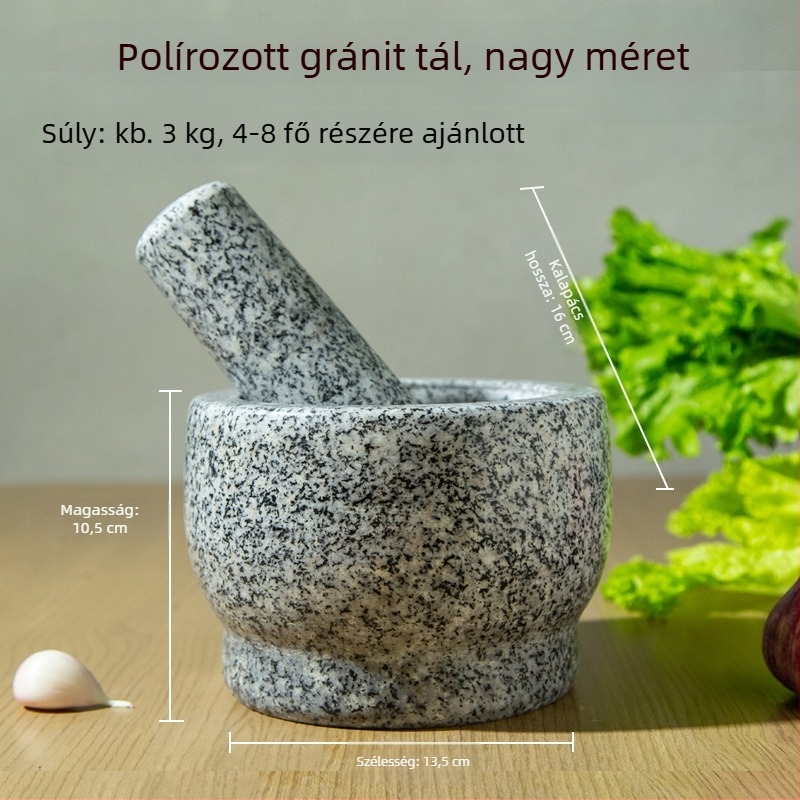 Granitból készített fokhagymaprés és mozsár, konyhai készlet