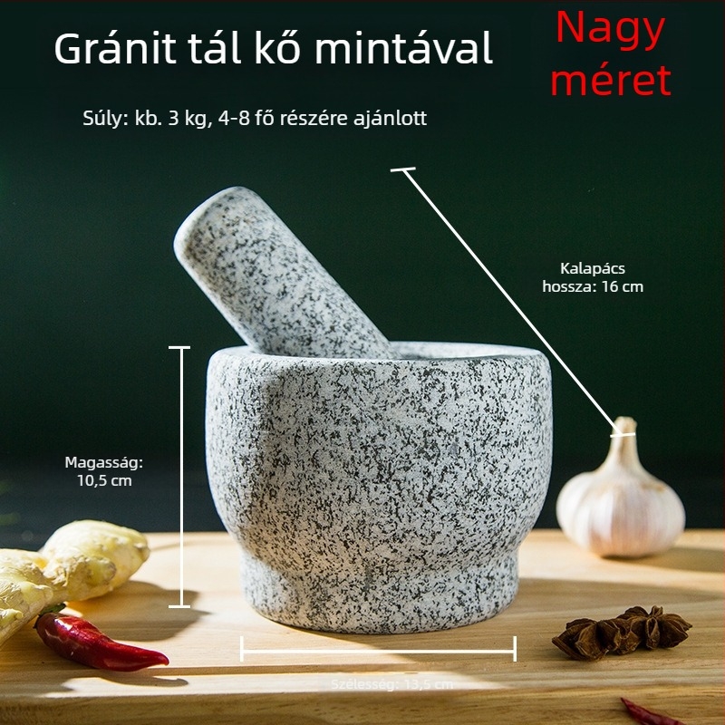 Granitból készített fokhagymaprés és mozsár, konyhai készlet