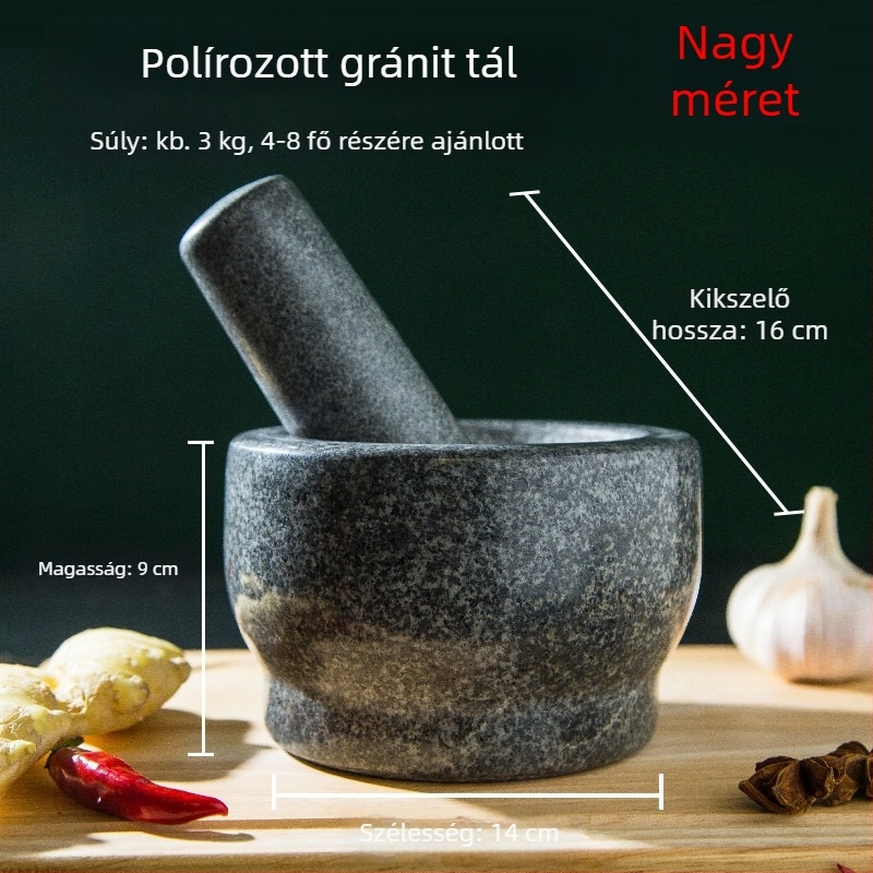 Granitból készített fokhagymaprés és mozsár, konyhai készlet
