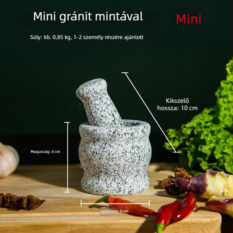 Granitból készített fokhagymaprés és mozsár, konyhai készlet