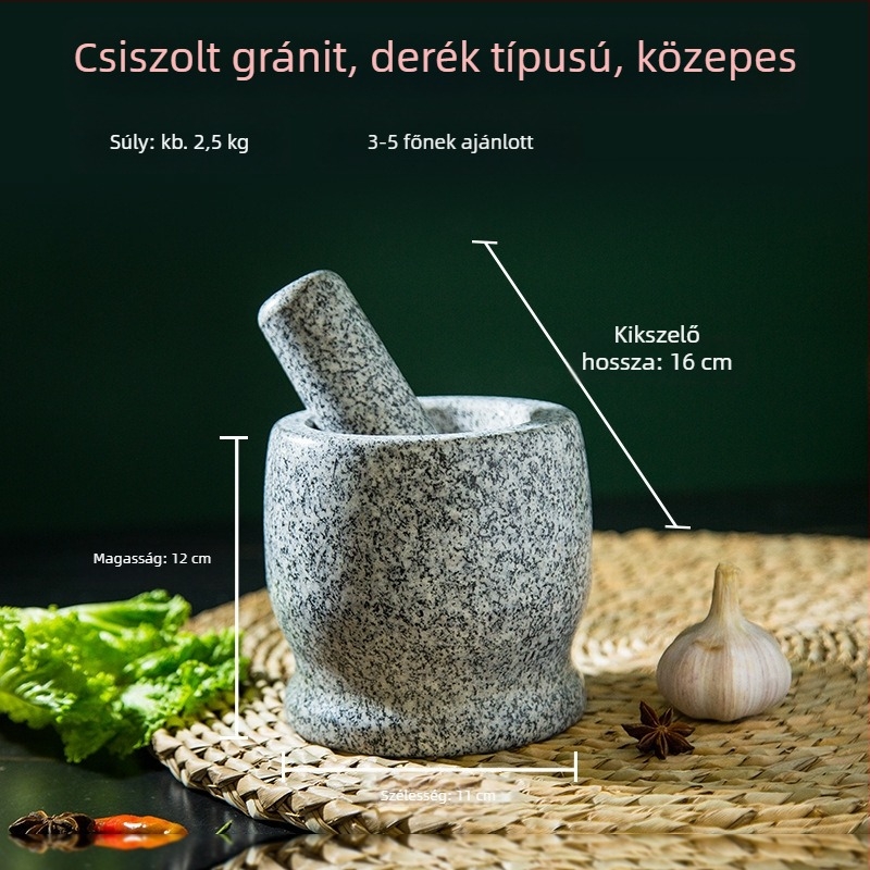 Granitból készített fokhagymaprés és mozsár, konyhai készlet