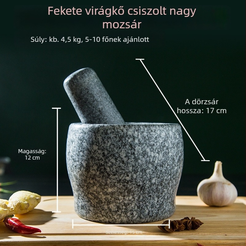 Granitból készített fokhagymaprés és mozsár, konyhai készlet