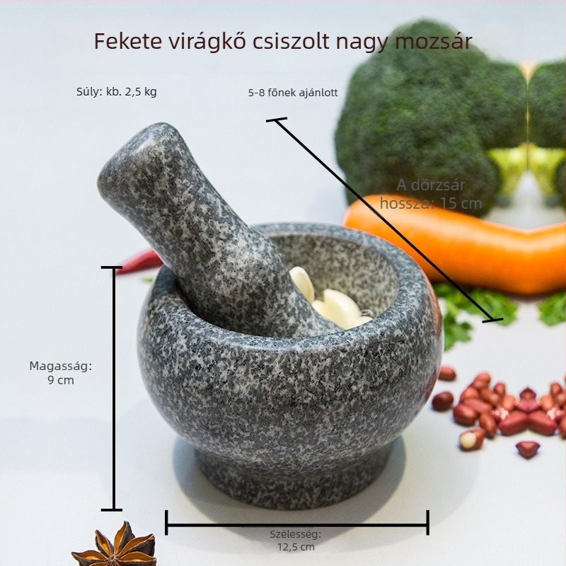 Granitból készített fokhagymaprés és mozsár, konyhai készlet