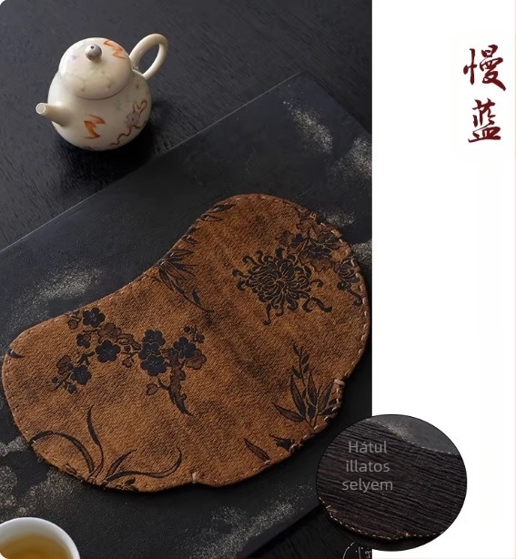 Kék selyem tea alátét egy személyre, kétoldalas, kínai stílusú, retro zen hangulatú, textile teaasztal alátét
