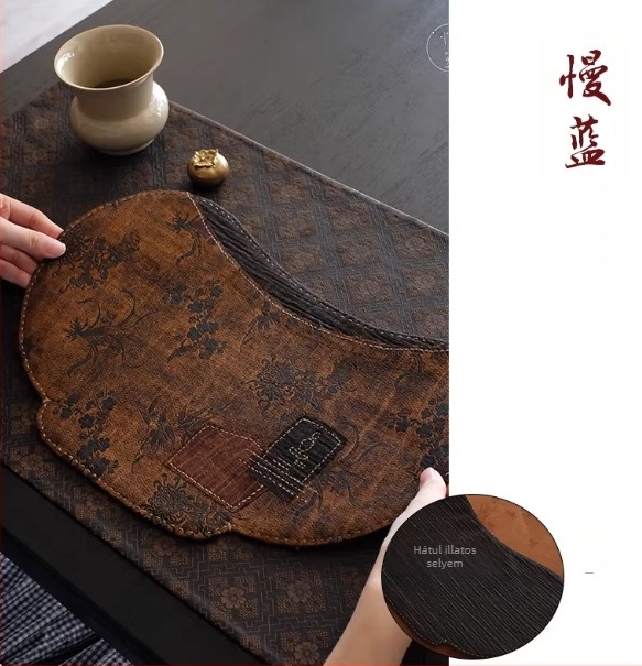 Kék selyem tea alátét egy személyre, kétoldalas, kínai stílusú, retro zen hangulatú, textile teaasztal alátét