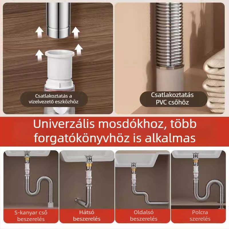 Univerzális mosdólefolyó rozsdamentes acélból, szagtalanító funkcióval és mosdó tömlőhöz tartozó kiegészítők