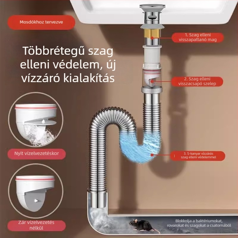 Univerzális mosdólefolyó rozsdamentes acélból, szagtalanító funkcióval és mosdó tömlőhöz tartozó kiegészítők